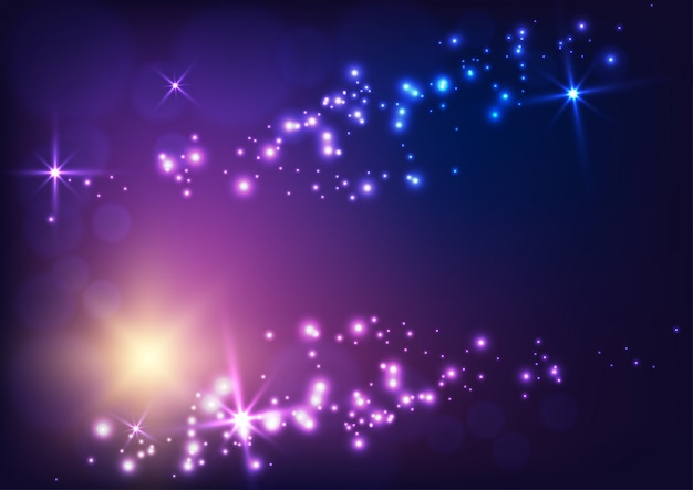 Banner abstrato de natal com estrelas, luzes, flares e copyspace para texto em azul escuro a roxo.