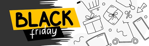 Banner Black Friday Shopping venda doodle desenhado à mão Vetor