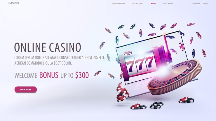 Vetor banner branco da web de cassino online com oferta de roleta de caça-níqueis para laptop e fichas de pôquer em fundo branco