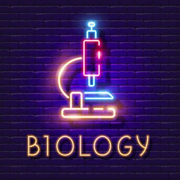 Banner brilhante de biologia microscópio vector sinal de néon