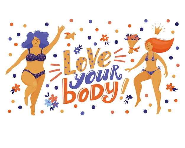 Banner, cartão postal com letras love your body e mulheres muito engraçadas em biquíni