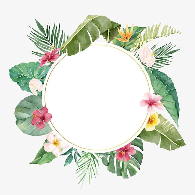 Vetor banner circular com flores tropicais e folhas verdes