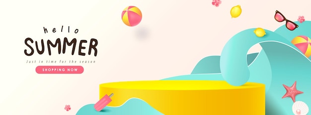 Banner colorido de venda de verão com vibração de praia decora e forma cilíndrica de exibição de produto