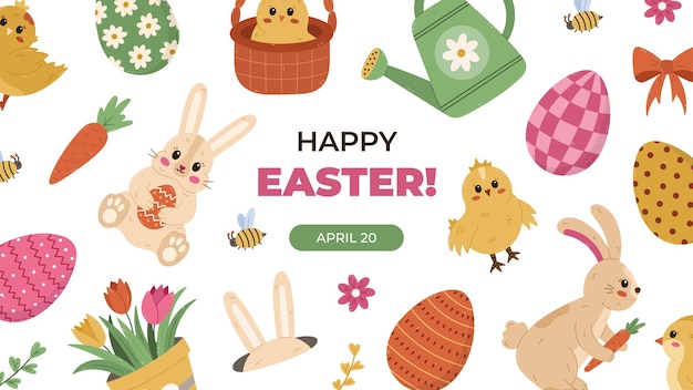 Banner colorido horizontal para o Dia de Páscoa Feliz com clipart de coelho fofinho com padrões de ovos de Páscua, galinhas, tulipas, cenouras, arco. Lovely holiday poster website social media post em cores pastel