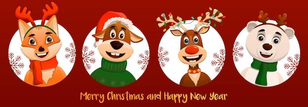 Banner com animais fofos de natal de inverno. raposa, cachorro, veado, urso. feliz natal e feliz ano novo. ilustração vetorial.