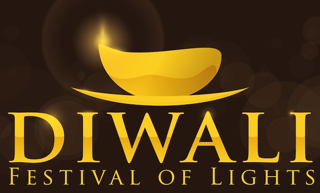Banner com diya iluminado dourado e mensagem de saudação para diwali ou festival indiano de luzes