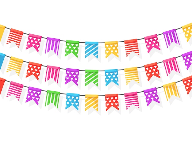 Banner com festão de bandeiras e fitas do festival de cor, estamenha em fundo branco. decoração, símbolos para comemorar feliz aniversário, carnaval, feira.