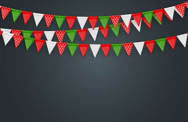 Banner com festão de bandeiras e fitas. fundo de festa de férias para festa de aniversário, carnaval.