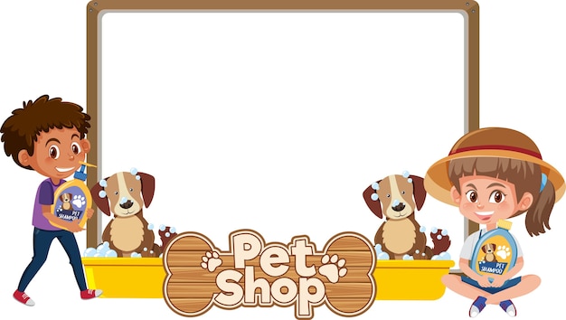 Banner com logotipo de criança, cachorro fofo e pet shop isolado no branco