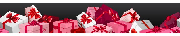 Banner com monte de caixas de presente vermelhas e brancas com laços de fitas e padrão de corações em fundo preto com repetição horizontal perfeita ilustração do dia dos namorados