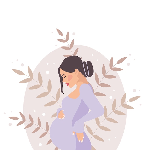 Banner com mulher grávida elegante futura mãe abraçando a barriga com os braços feliz dia das mães plana