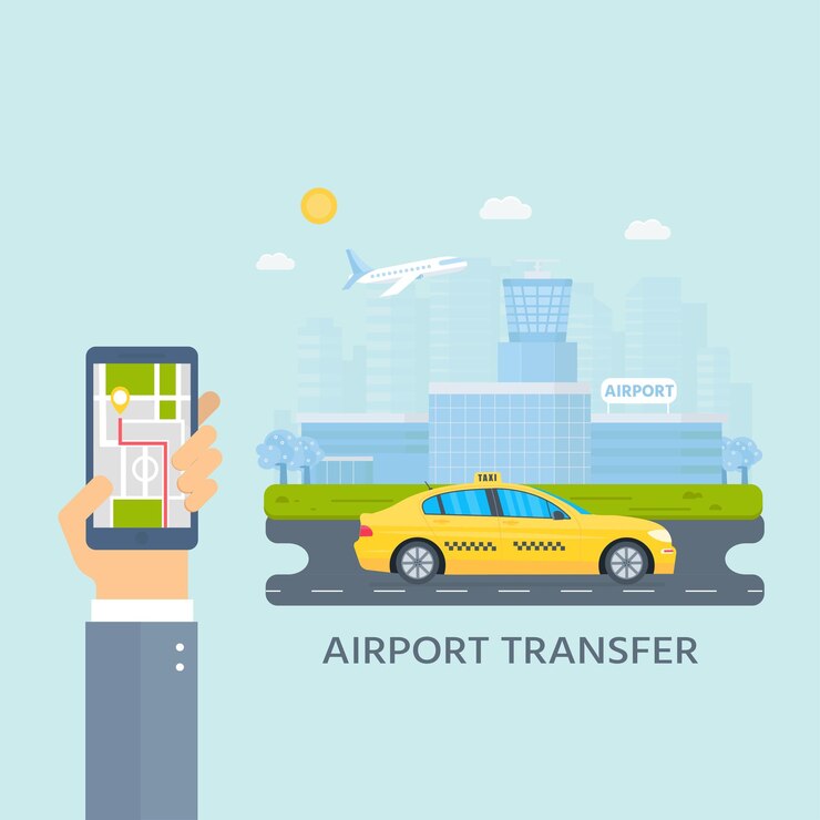Vetor banner com o táxi amarelo da máquina na cidade mão segurando o telefone com o aplicativo móvel de serviço de táxi aeroporto de paisagem urbana no fundo ilustração vetorial plana