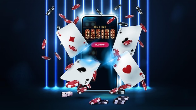 Banner com parede de lâmpadas de néon azuis verticais de linha em fundo smartphone jogando cartas e fichas de pôquer em cena escura