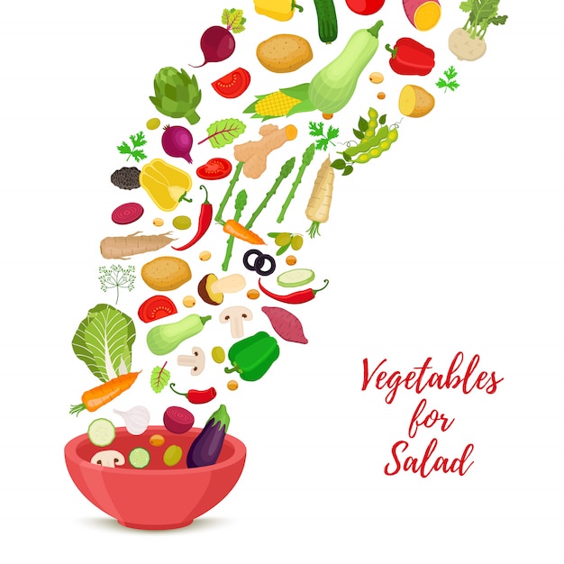 Vetor banner com salada de legumes, produtos fatiados