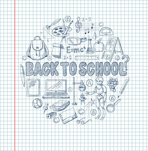 Vetor banner com suprimentos escolares, como um livro de mochila, um globo portátil e outros desenhados com caneta em um caderno vector