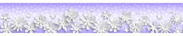Banner com textura floral em cores roxas e grandes flores de papel branco com sombras suaves. Com repetição horizontal perfeita