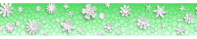 Banner com textura floral em cores verdes e grandes flores de papel branco com sombras suaves