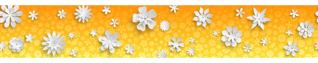 Banner com textura floral nas cores laranja e flores de papel branco grande com sombras suaves. Com repetição horizontal perfeita