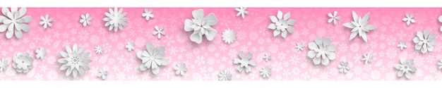 Banner com textura floral nas cores rosa e flores grandes de papel branco com sombras suaves. com repetição horizontal contínua