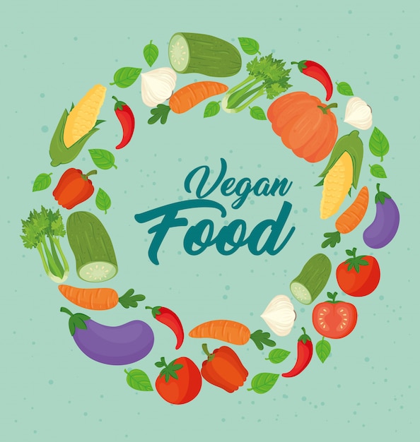 Banner com vegetais, conceito de comida vegana, quadro circular com vegetais