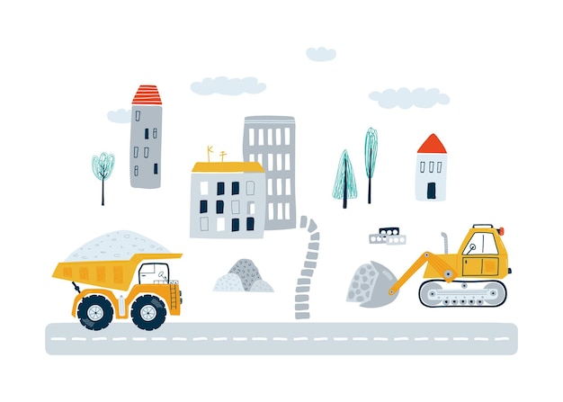 Vetor banner com veículo de construção bonito e cidade em estilo simples ilustração caminhão de lixo amarelo e escavadeira para crianças vector