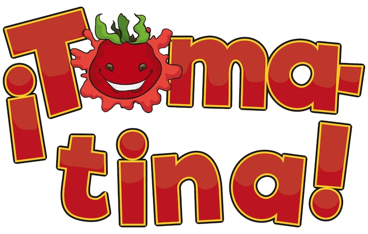 Vetor banner comemorativo para o festival tomatina com sinal de saudação com texto brilhante vermelho e um tomate bonito