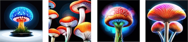 Vetor banner conjunto ilustração vetorial com cogumelos cores psicodélicas brilhantes neon fantasia mística selvagem