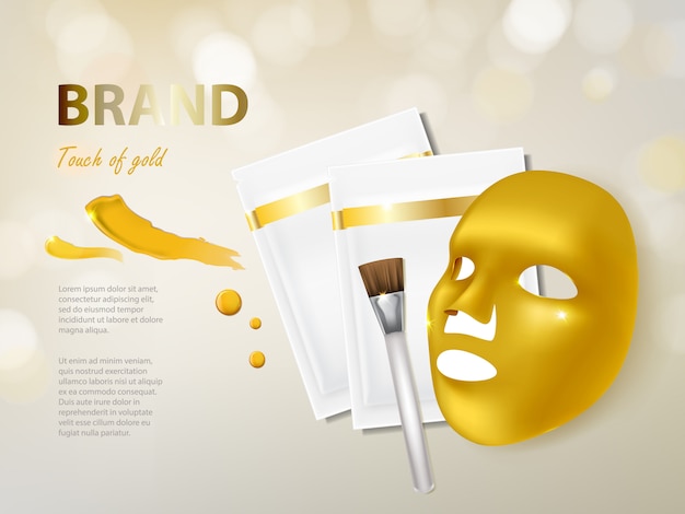 Banner cosmético com máscara facial dourada realista 3d