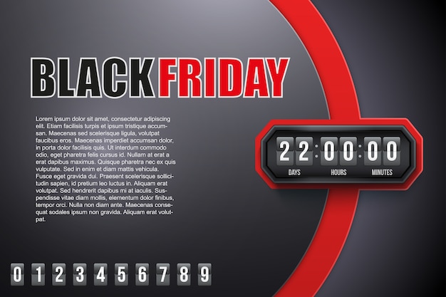 Banner criativo Black Friday e cronômetro de contagem regressiva com amostras de dígitos.