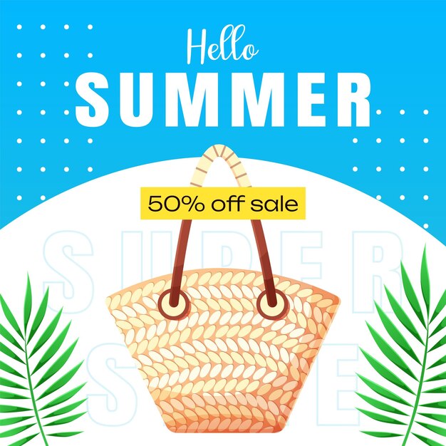 Banner criativo de venda de verão em cores da moda com acessórios de praia e modelo de texto com desconto