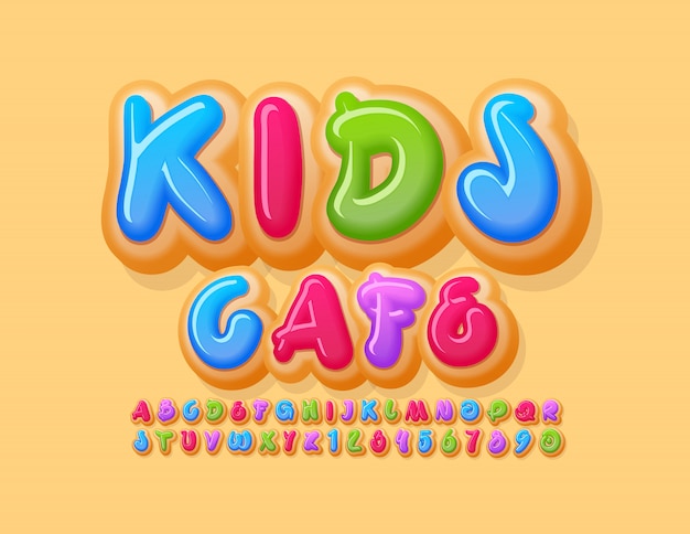Banner criativo do vetor kids cafe. fonte donut colorido. letras e números do alfabeto bolo brilhante