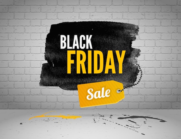 Banner da black friday com respingos de tinta e etiqueta de compras