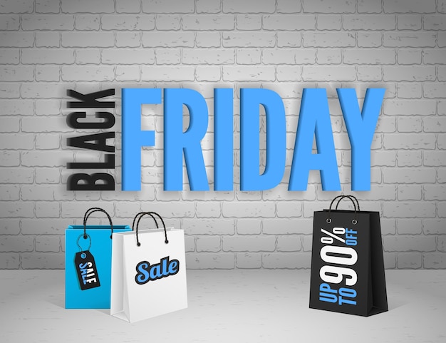 Banner da black friday com respingos de tinta e etiquetas e bolsas de compras