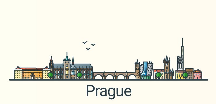 Vetor banner da cidade de praga em estilo moderno de linha plana. todos os edifícios separados e personalizáveis. arte de linha.