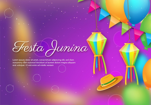 Vetor banner da festa junina com balões estrela partículas fita de ouro