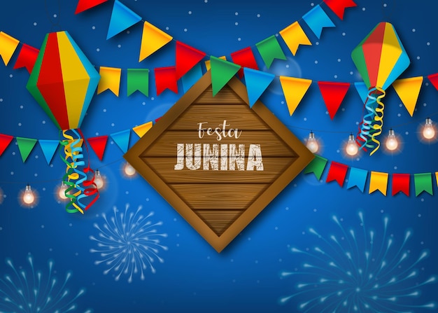 Banner da festa junina com flâmulas e balões coloridos