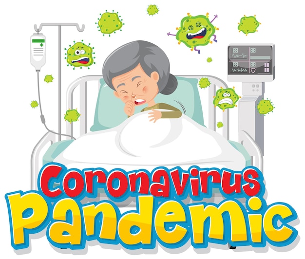 Banner da pandemia de coronavírus com personagem de desenho animado de uma paciente idosa