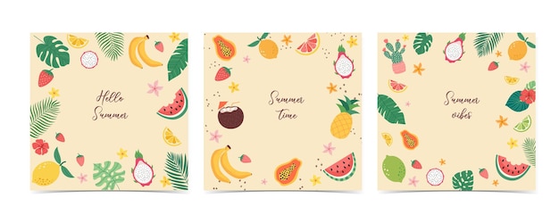 Vetor banner da venda de verão creativo fundo rosa azul brilhante com folhas tropicais frutas e h