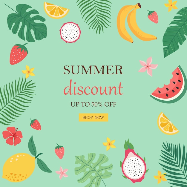 Vetor banner da venda de verão creativo fundo rosa azul brilhante com folhas tropicais frutas e h