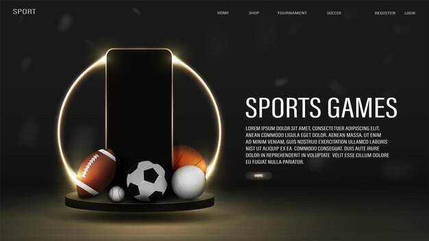 Banner da web com bolas 3D para futebol, futebal, basquete, beisebol e vôlei no pódio com uma moldura de néon em preto e dourado Um conceito para apostas esportivas