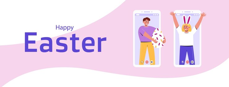 Vetor banner da web com cara segurando ovo de páscoa e garota feliz com orelhas de coelho na cabeça em telas de telefones. conceito de chamada de vídeo. ilustração em vetor plana.