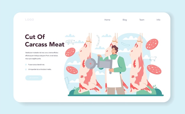 Banner da web de açougueiro ou açougueiro ou cortes na página de destino da carne da carcaça