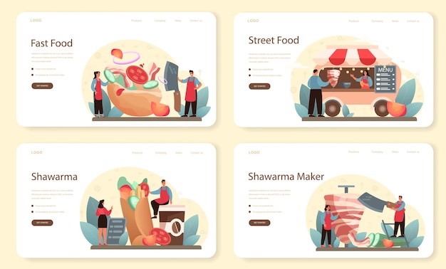 Banner da web de comida de rua shawarma ou conjunto de páginas de destino