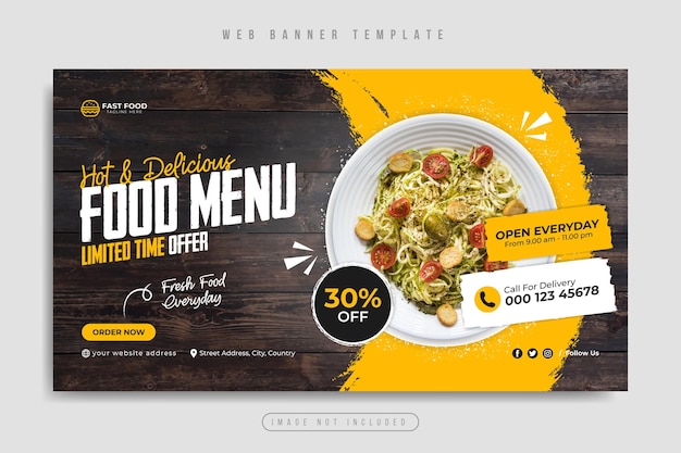 Vetor banner da web de promoção de menu de restaurante de fast food ou folheto de marketing de mídia social