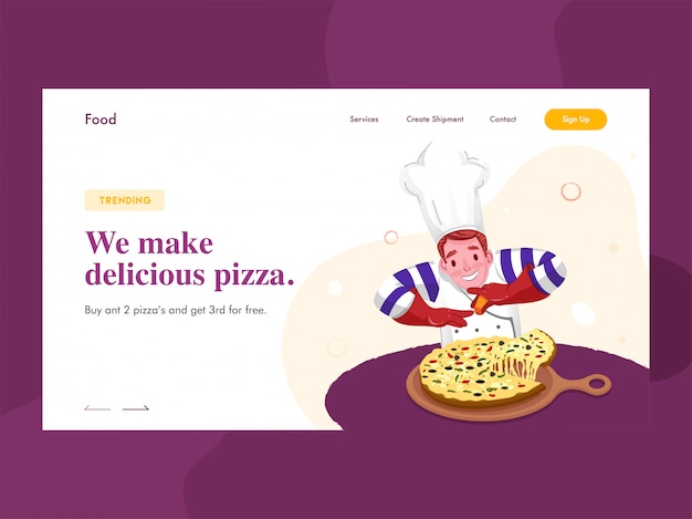 Banner da web ou página inicial com o personagem do chef apresentando pizza na panela e a mensagem que fazemos pizza deliciosa.