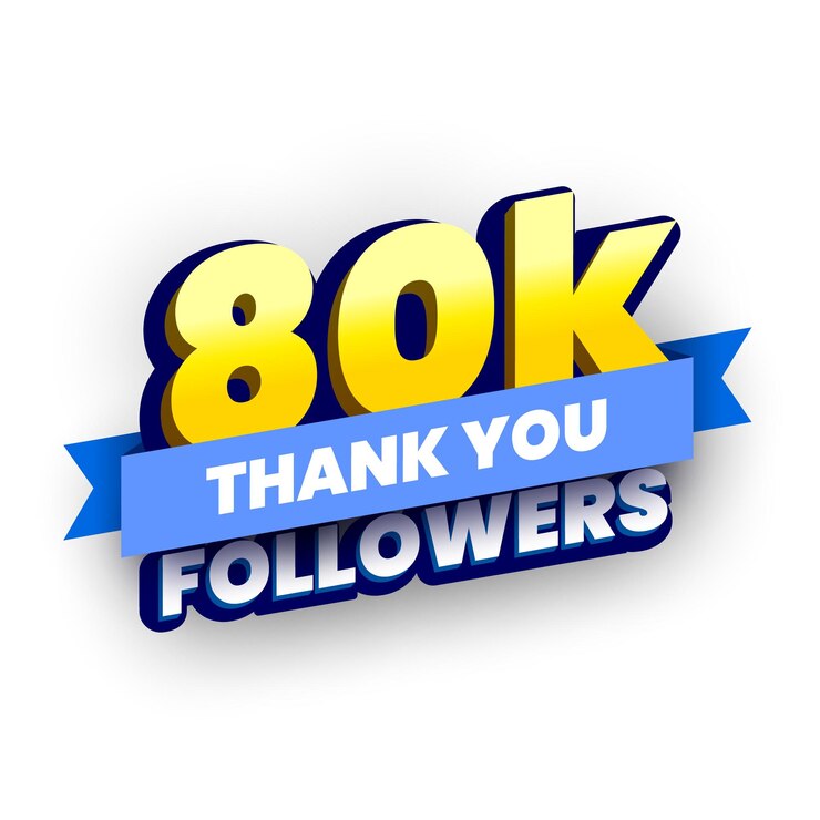 Vetor banner de 80.000 seguidores com fita azul cartaz com agradecimento aos assinantes nas redes sociais