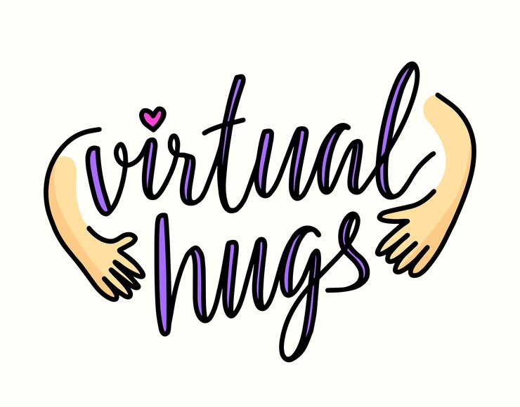 Vetor banner de abraços virtual, letras de estilo desenhado à mão com um abraço de mãos e coração. doodle elemento de design para impressão de t-shirt, cartão do dia mundial da amizade isolado no fundo branco. ilustração vetorial