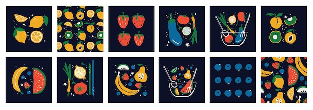 Banner de alimentos orgânicos em estilo plano Geometria de frutas e cereais minimalista com forma simples