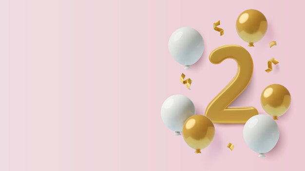Vetor banner de aniversário de anos 3d ouro realista número dois e balões em fundo rosa com espaço de cópia