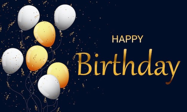 Banner de aniversário feliz com fundo de balão branco e dourado com brilho dourado